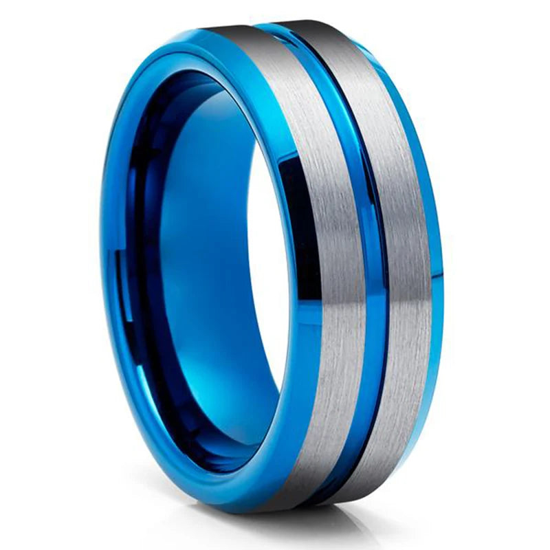 Tungsten Carbide Fashion Men's 8mm Stainless / Blue Color - Brushed / Polished with Beveled Edge