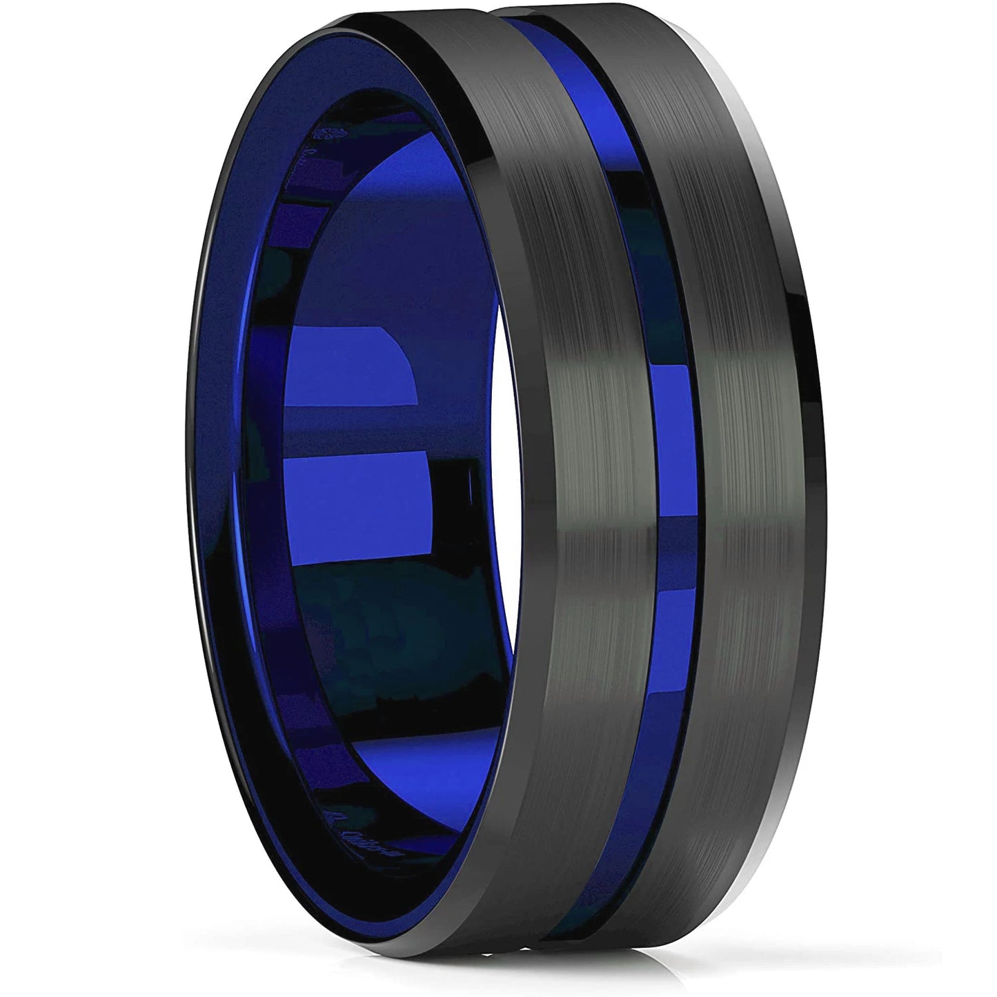 Tungsten Carbide Fashion Men's 8mm Black / Royal Blue Color - Brushed / Polished with Beveled Edge