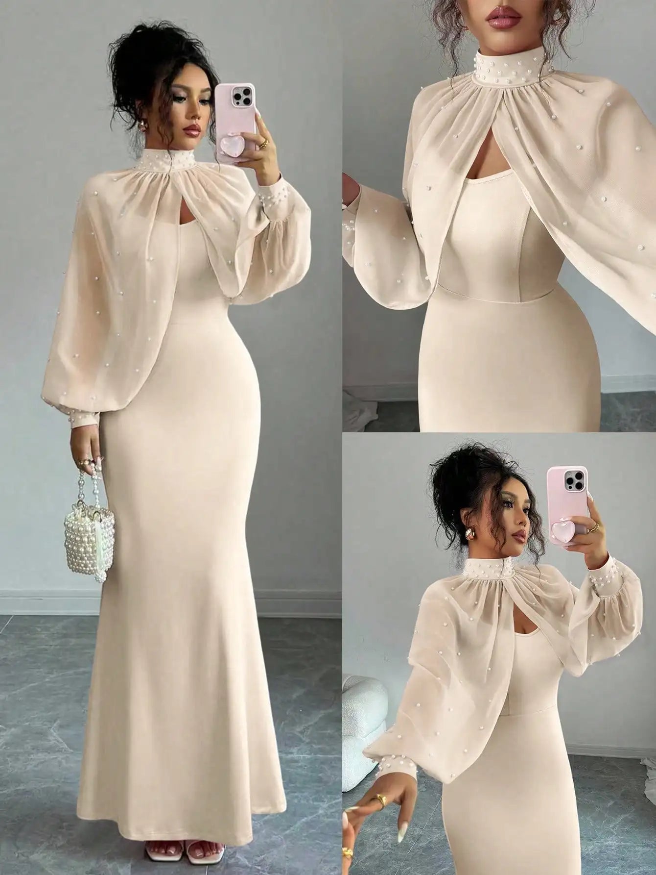 Elegant Bodycon Gown with Beaded Sheer Capelet Dress Set (10 colors available)