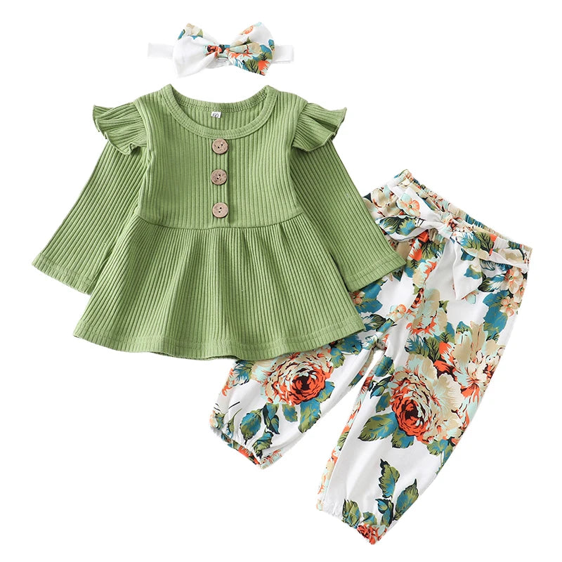Infant/Toddler Girls 3pc-Set Long Sleeve Top - Floral Pants - Headband (3-24mo)