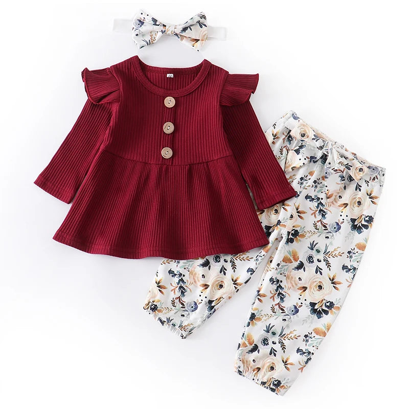 Infant/Toddler Girls 3pc-Set Long Sleeve Top - Floral Pants - Headband (3-24mo)