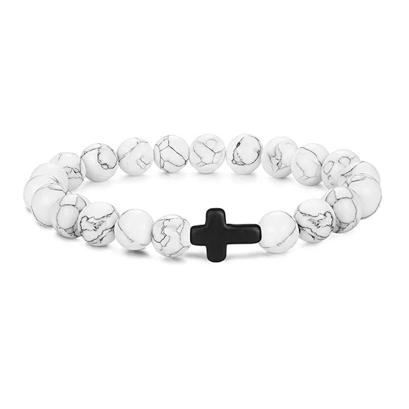 Cross Bracelets - Natural Stone Onyx / Hematite / Wood Beads
