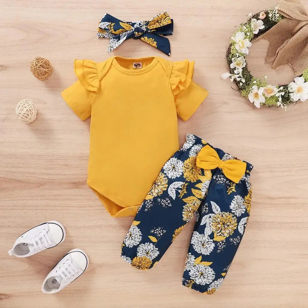 Infant/Toddler Girls 3pc-Set Long Sleeve Romper Top / Flower Pants & Headband (Newborn -18 Months)