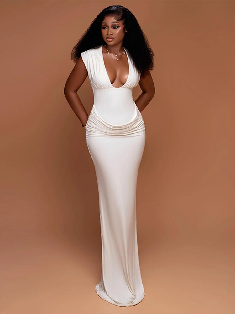 Elegant Fashion Trendy Ruched Bodycon Dress (White)