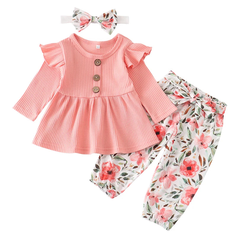 Infant/Toddler Girls 3pc-Set Long Sleeve Top - Floral Pants - Headband (3-24mo)