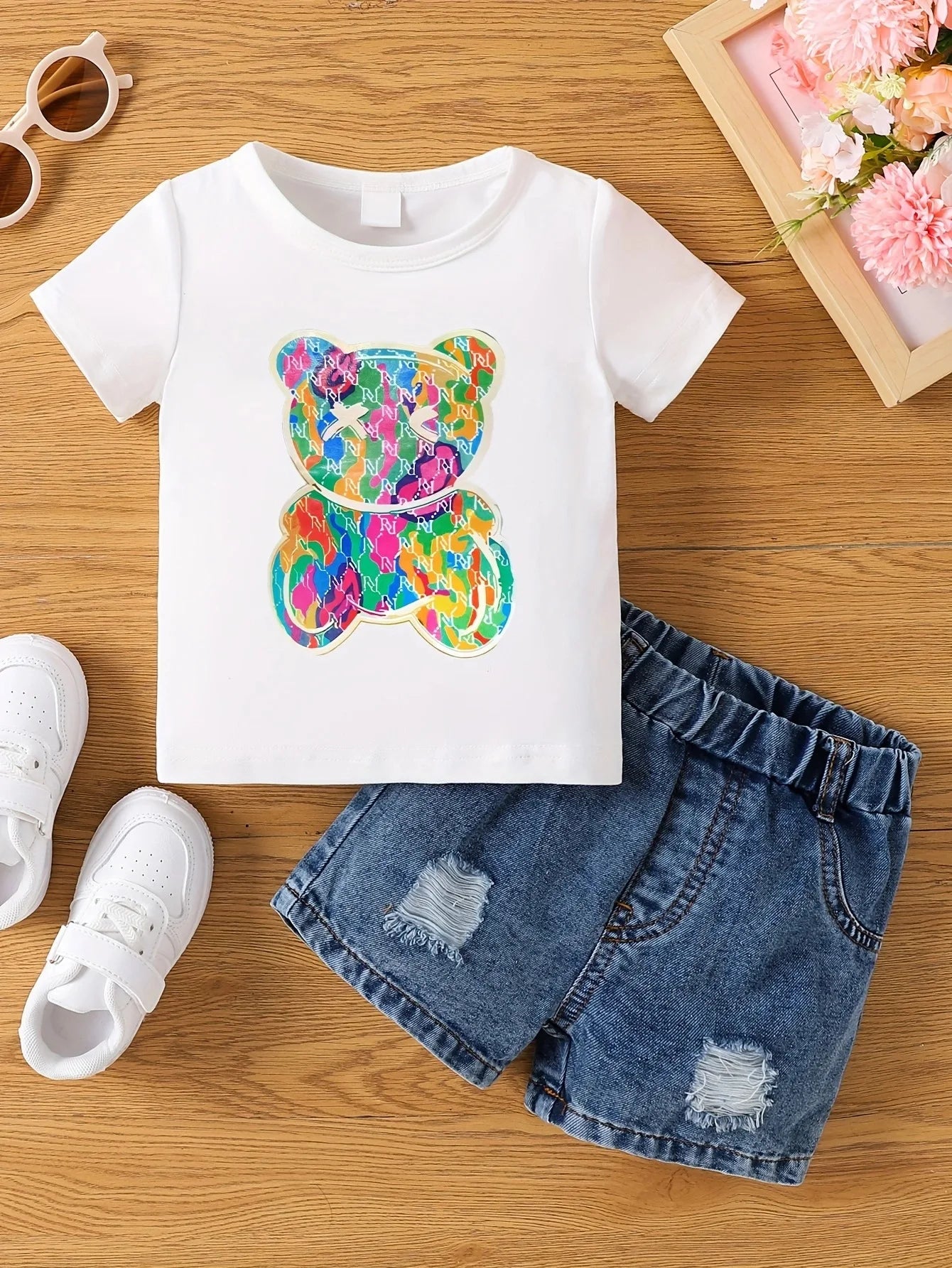 Girls Fashion "White" T-Shirt w/Rainbow Bear (Shorts not included)