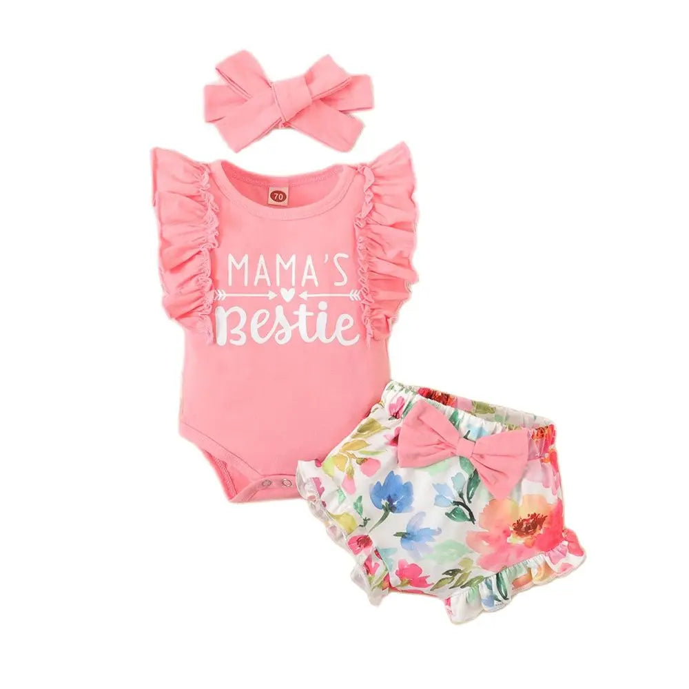 Infant/Toddler Girls 3pc-Set Mommy's Girl Ruffle Sleeve Romper Top / Flower Shorts / Headband (Newborn - 18Mo)