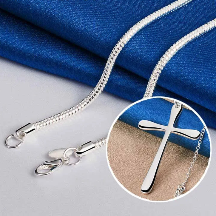 Simple Sterling Silver - Fine Cross Pendant - Snake Style / O-Shape Chain Necklaces
