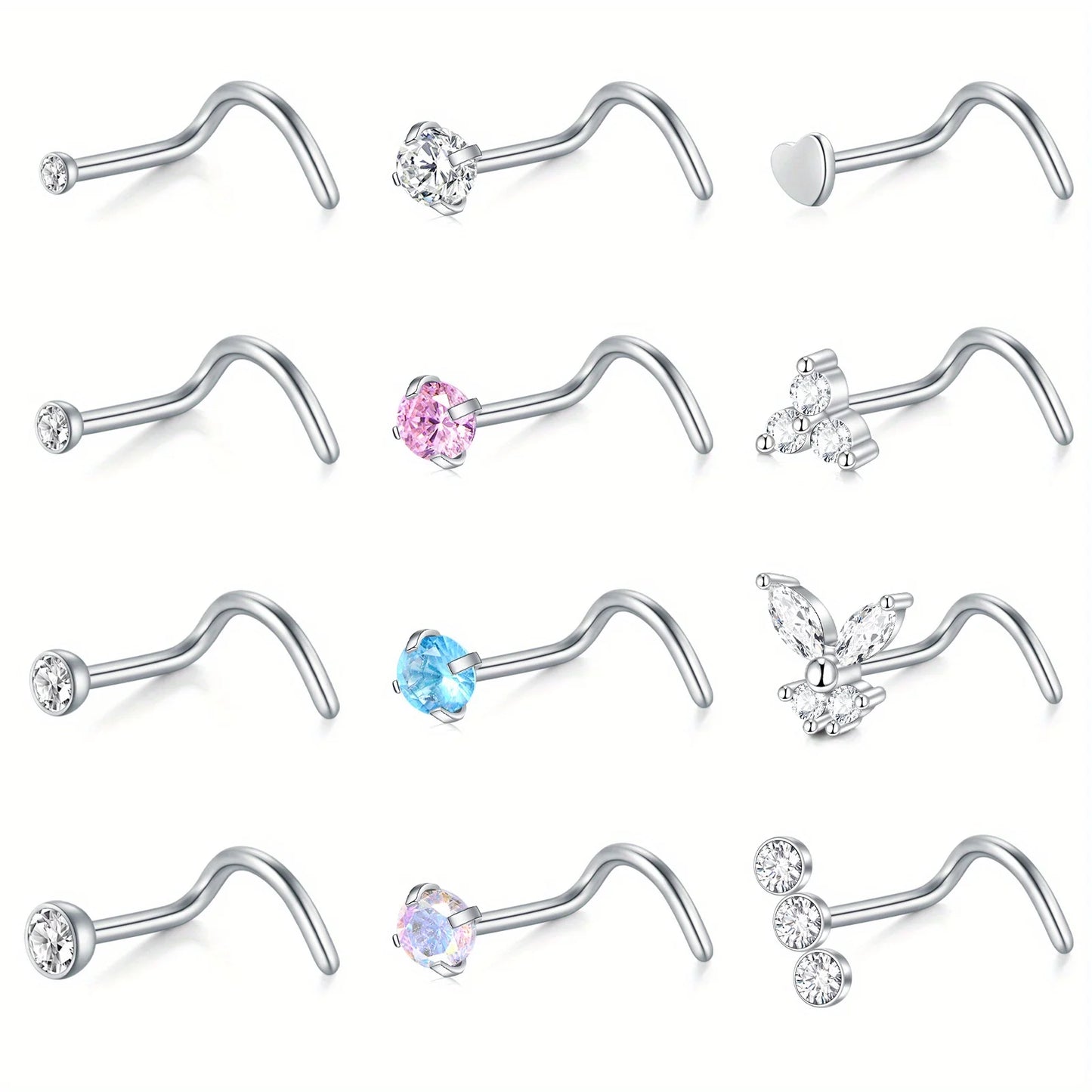Stylish Fashion Nose Rings - 20G Hook Nose Studs 12ps Set - Stainless Steel (Gold / Silver available)