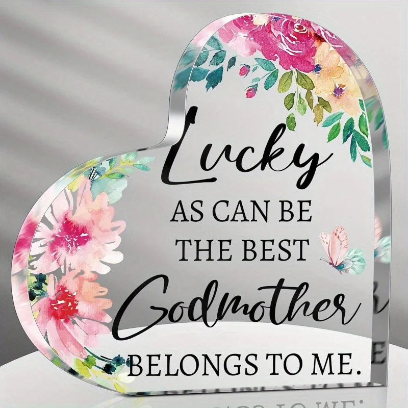 Keepsake Acrylic Heart-Shape Decor Plaque - "Lucky Godmother"