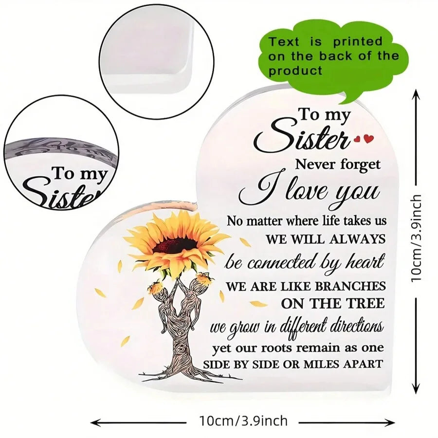 Keepsake Acrylic Heart-Shaped Decor Plaque - "To My Sister" Sunflower