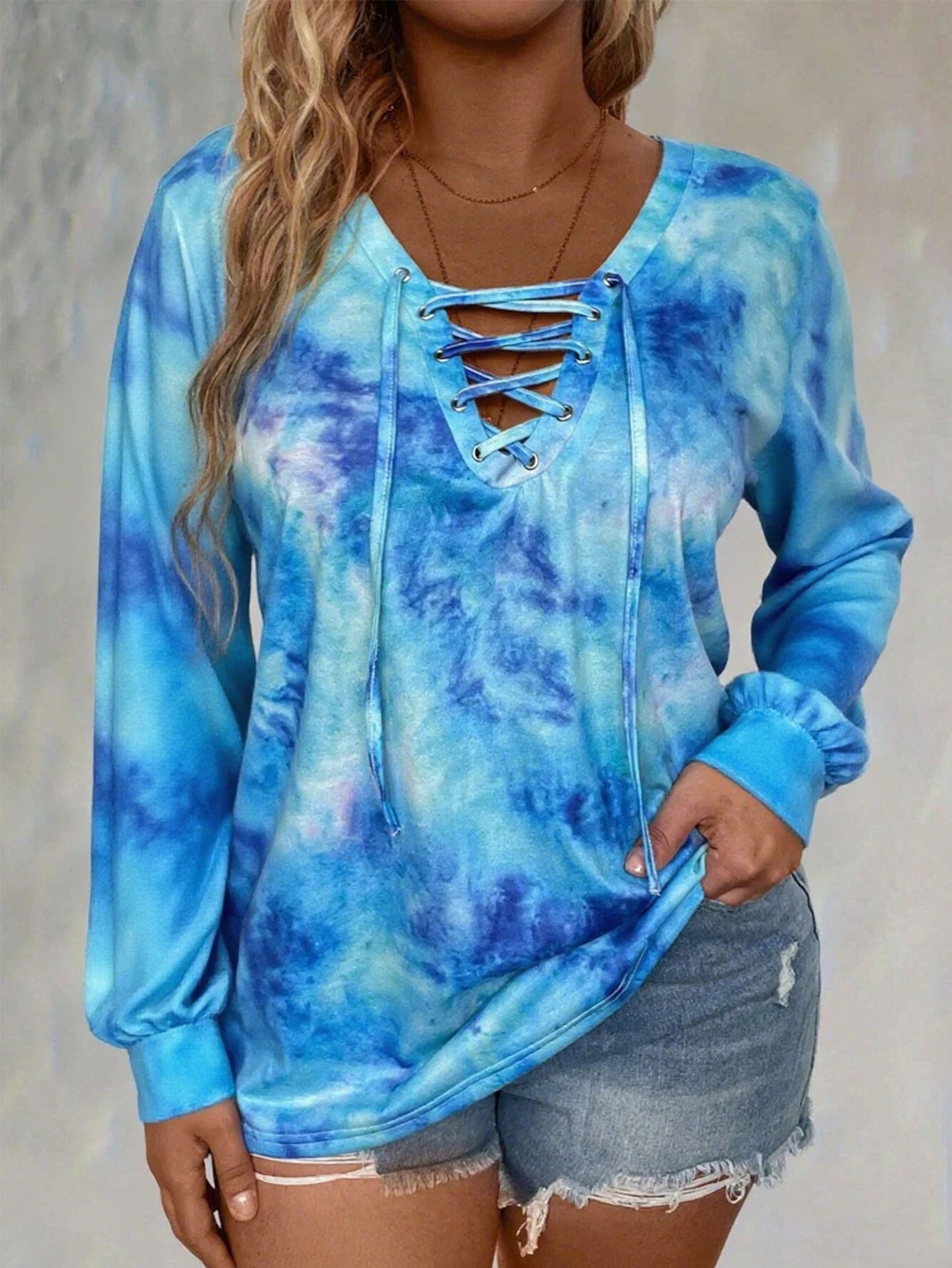 Plus Size Tie Dye Elegant Lace-Up Top