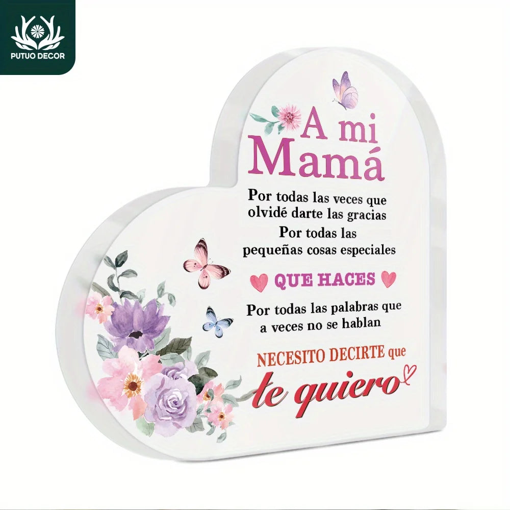 Keepsake Heart-Shaped Acrylic Decor Plaque - "A Mi Mama...Te Quiero"