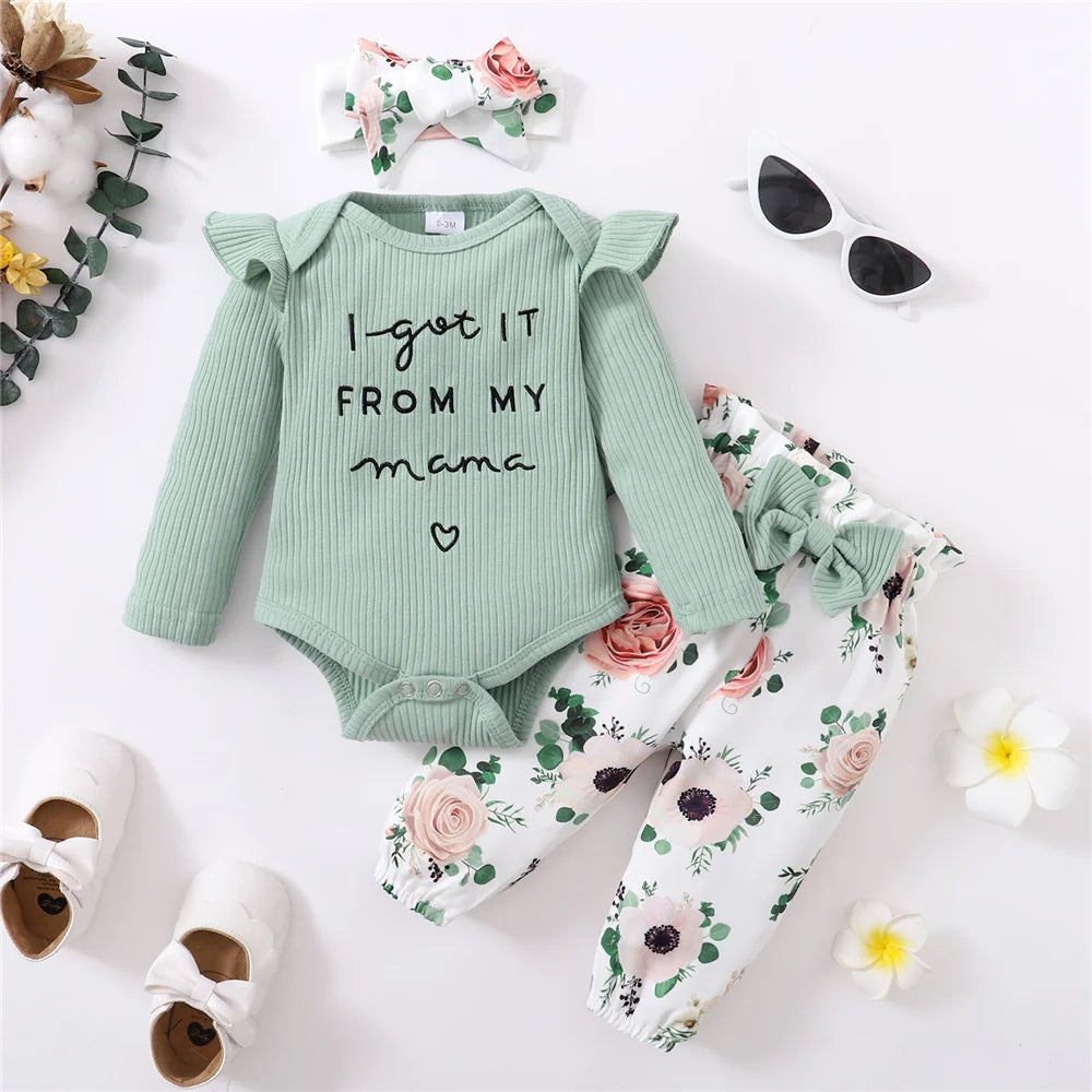 Infant/Toddler Girls 3pc-Set Long Sleeve Romper - Floral Pants & Headband (Newborn-18mo)