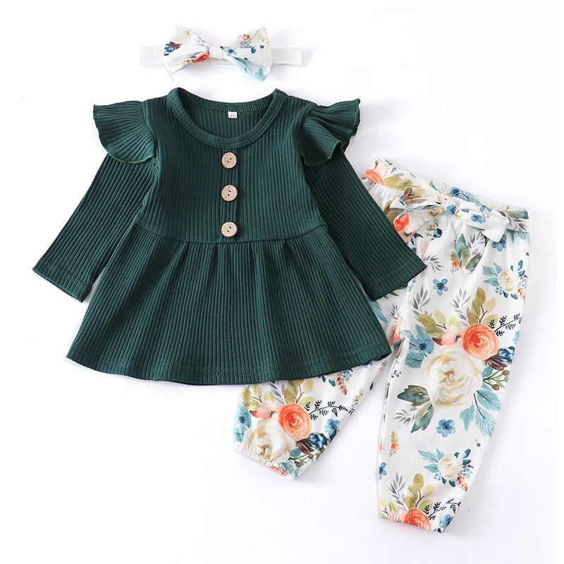 Infant/Toddler Girls 3pc-Set Long Sleeve Top - Floral Pants - Headband (3-24mo)