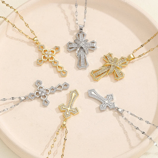 New Retro Micro-inlaid Diamond Zircon Cross Pendant - Lip Style Necklace