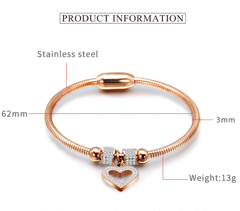 New Style Heart Rhinestone Crystal Charm Bracelet Magnet Clasp 316L Stainless Steel - Gold / Rose Gold / Silver