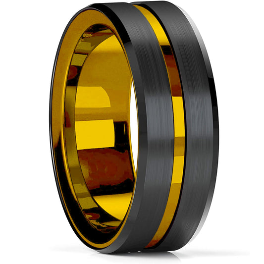 Tungsten Carbide Fashion Men's 8mm Black / Amber Color - Brushed / Polished with Beveled Edge
