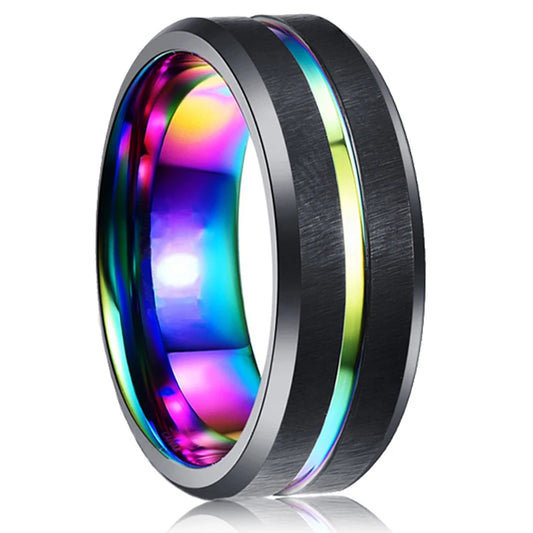 Tungsten Carbide Fashion Men's 8mm Black / Chameleon Color - Brushed / Polished with Beveled Edge