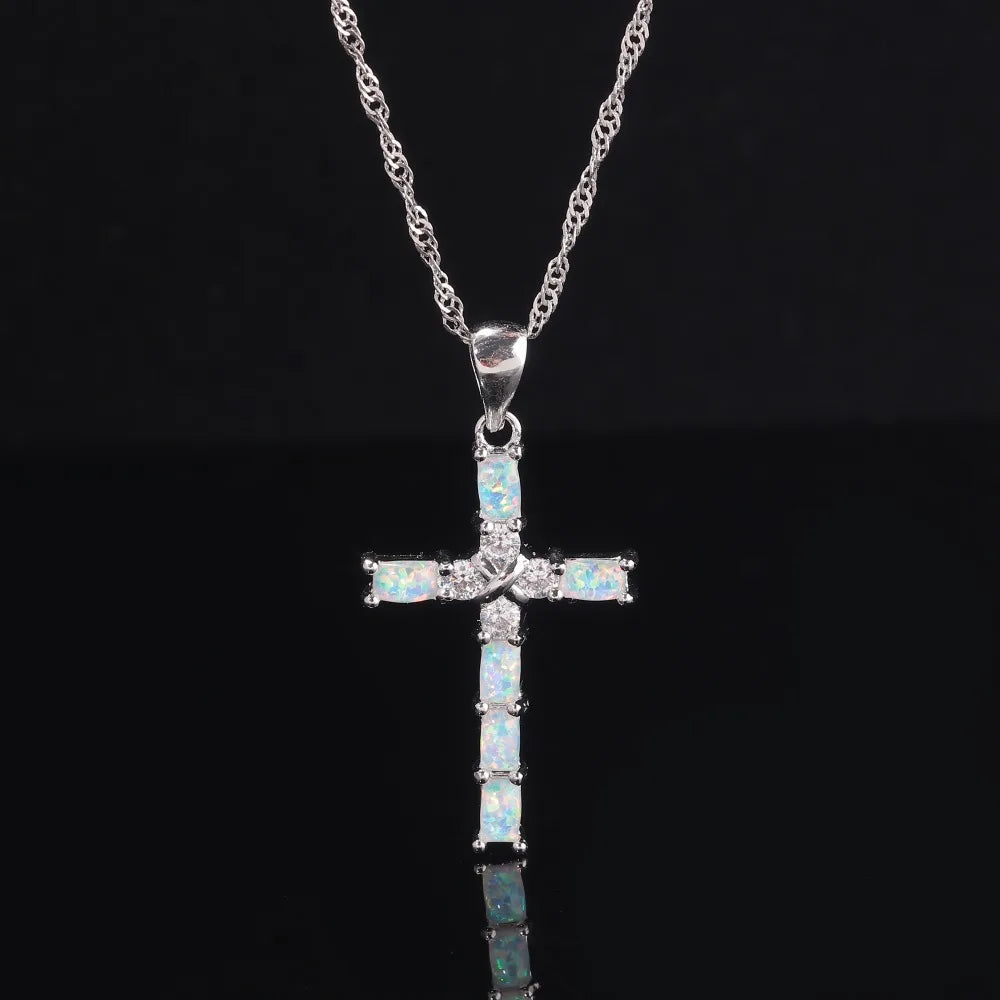 Religious Necklace White Opal Cross Pendant w/Diamond Zircons