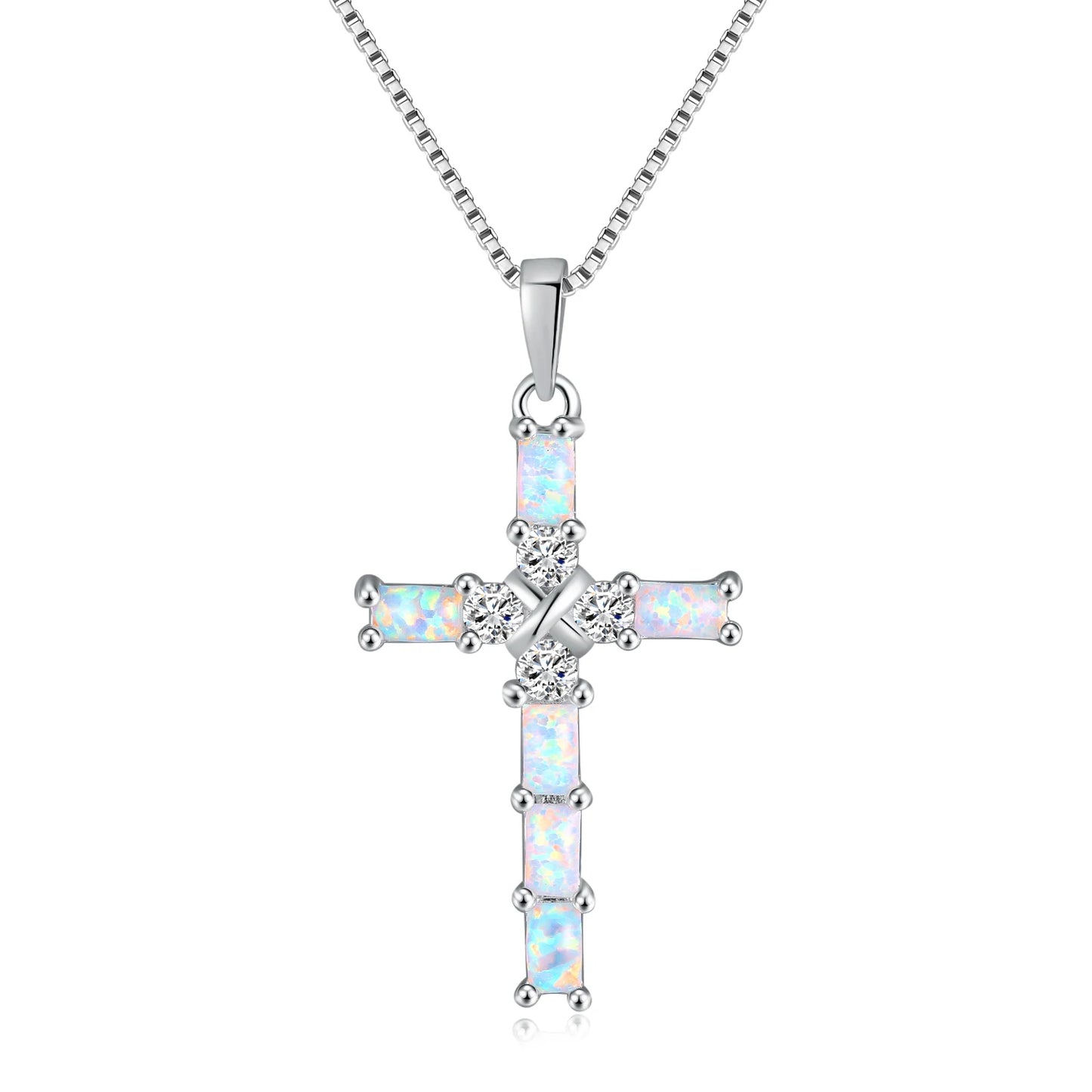 Religious Necklace White Opal Cross Pendant w/Diamond Zircons