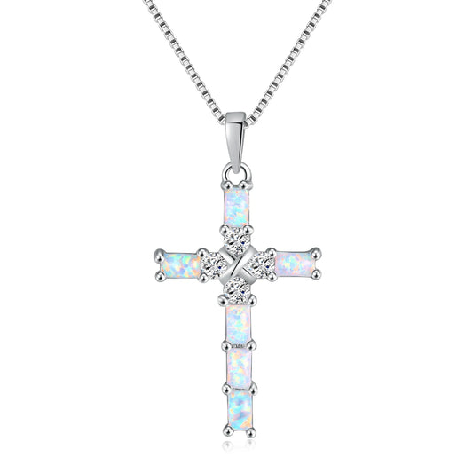 Religious Necklace White Opal Cross Pendant w/Diamond Zircons