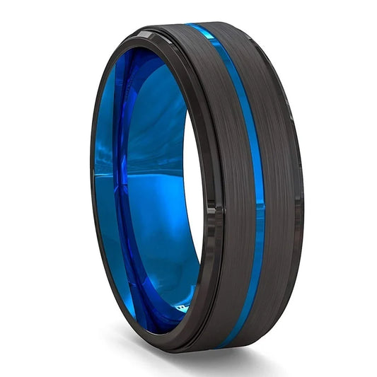 Tungsten Carbide Fashion Men's 8mm Black / Blue Color - Brushed / Polished with Beveled Edge