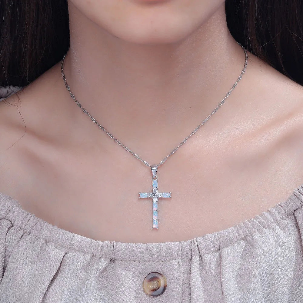 Religious Necklace White Opal Cross Pendant w/Diamond Zircons