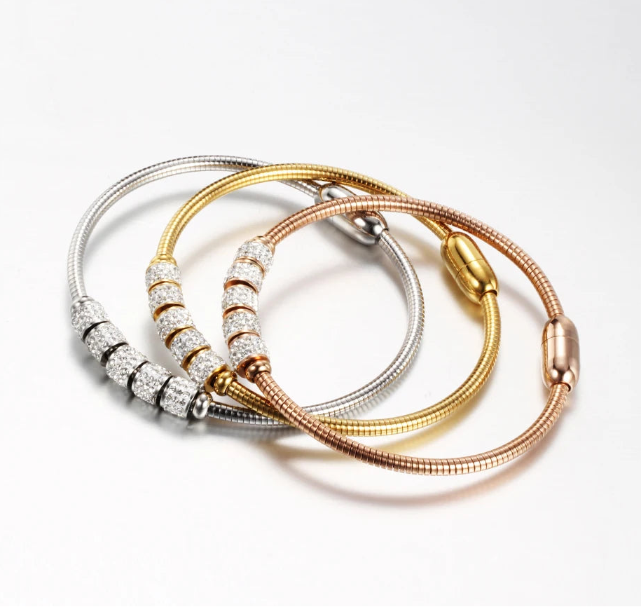 Elegant Gold / Rose Gold / Silver Stainless Steel 5 Element Rhinestone Crystal Bracelet w/Magnetic Clasp