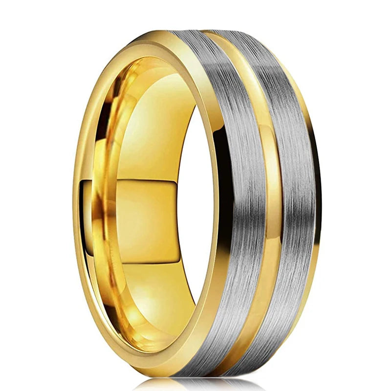 Tungsten Carbide Fashion Men's 8mm Stainless / Gold - Brushed / Polished with Beveled Edge
