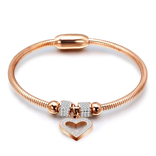 New Style Heart Rhinestone Crystal Charm Bracelet Magnet Clasp 316L Stainless Steel - Gold / Rose Gold / Silver