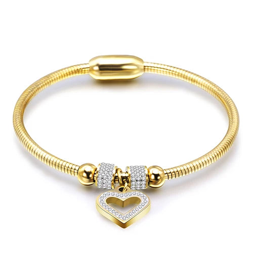 New Style Heart Rhinestone Crystal Charm Bracelet Magnet Clasp 316L Stainless Steel - Gold / Rose Gold / Silver