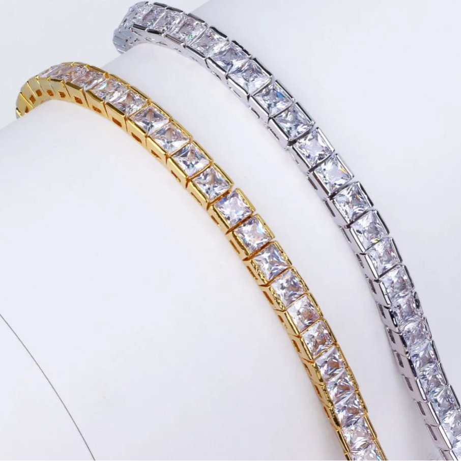 Princess Cut Tennis Bracelet - Gold / Silver - Diamond Zircons