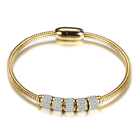 Elegant Gold / Rose Gold / Silver Stainless Steel 5 Element Rhinestone Crystal Bracelet w/Magnetic Clasp
