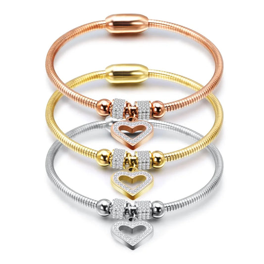 New Style Heart Rhinestone Crystal Charm Bracelet Magnet Clasp 316L Stainless Steel - Gold / Rose Gold / Silver