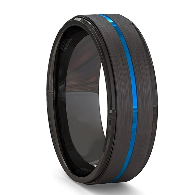 Tungsten Carbide Fashion Men's 8mm Black / Black Polished Inner / Blue Color Center Groove - Brushed / Polished with Beveled Edge