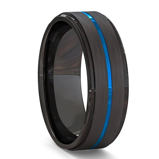 Tungsten Carbide Fashion Men's 8mm Black / Black Polished Inner / Blue Color Center Groove - Brushed / Polished with Beveled Edge