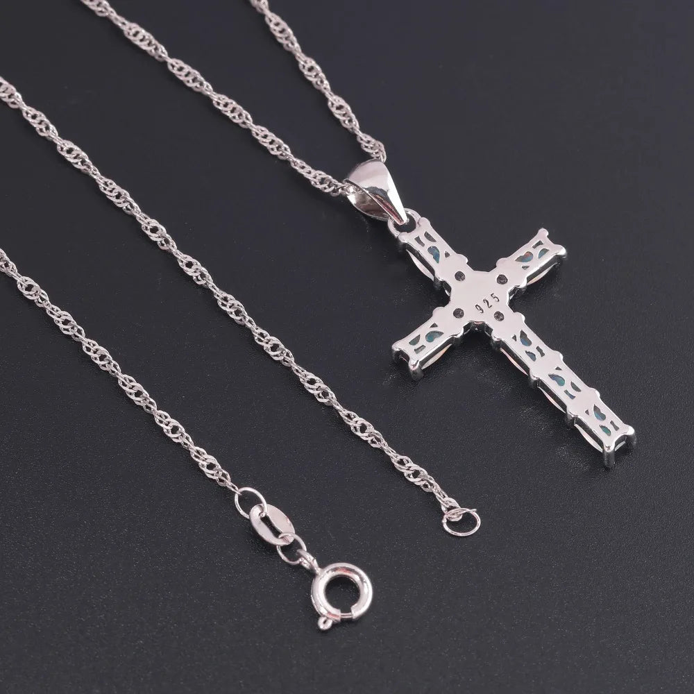 Religious Necklace White Opal Cross Pendant w/Diamond Zircons