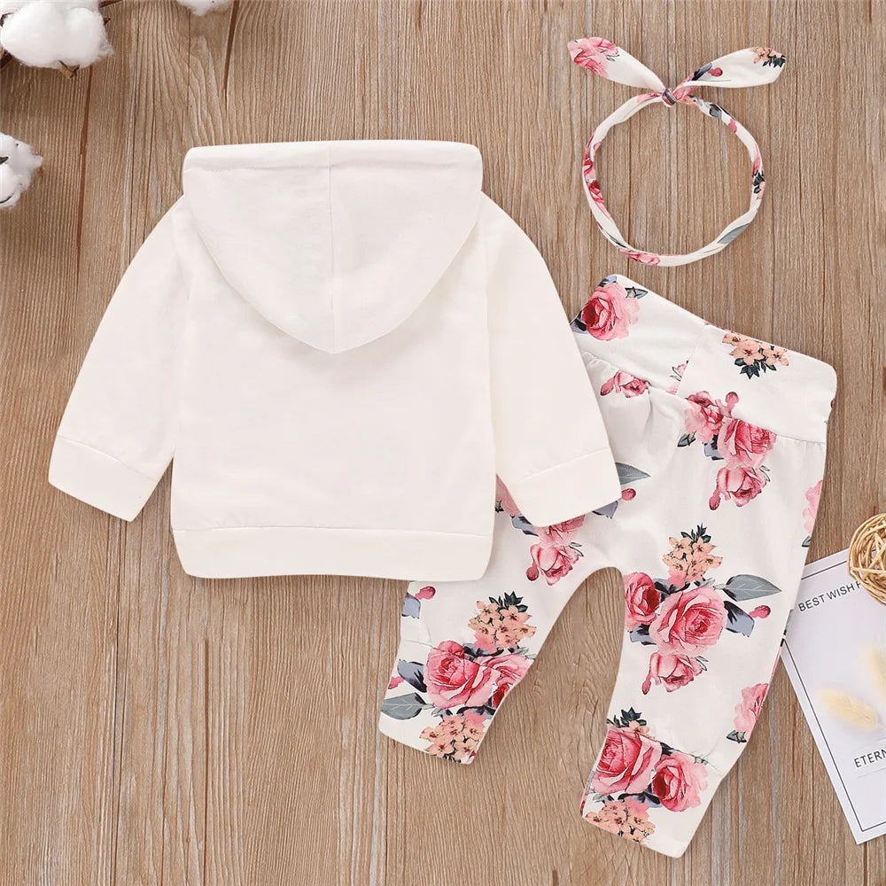 Infant/Toddler Girls 3pc-Set Flowers Print Hooded Long Sleeve Top / Pant / Bowknot Headband (Newborn - 18mo)
