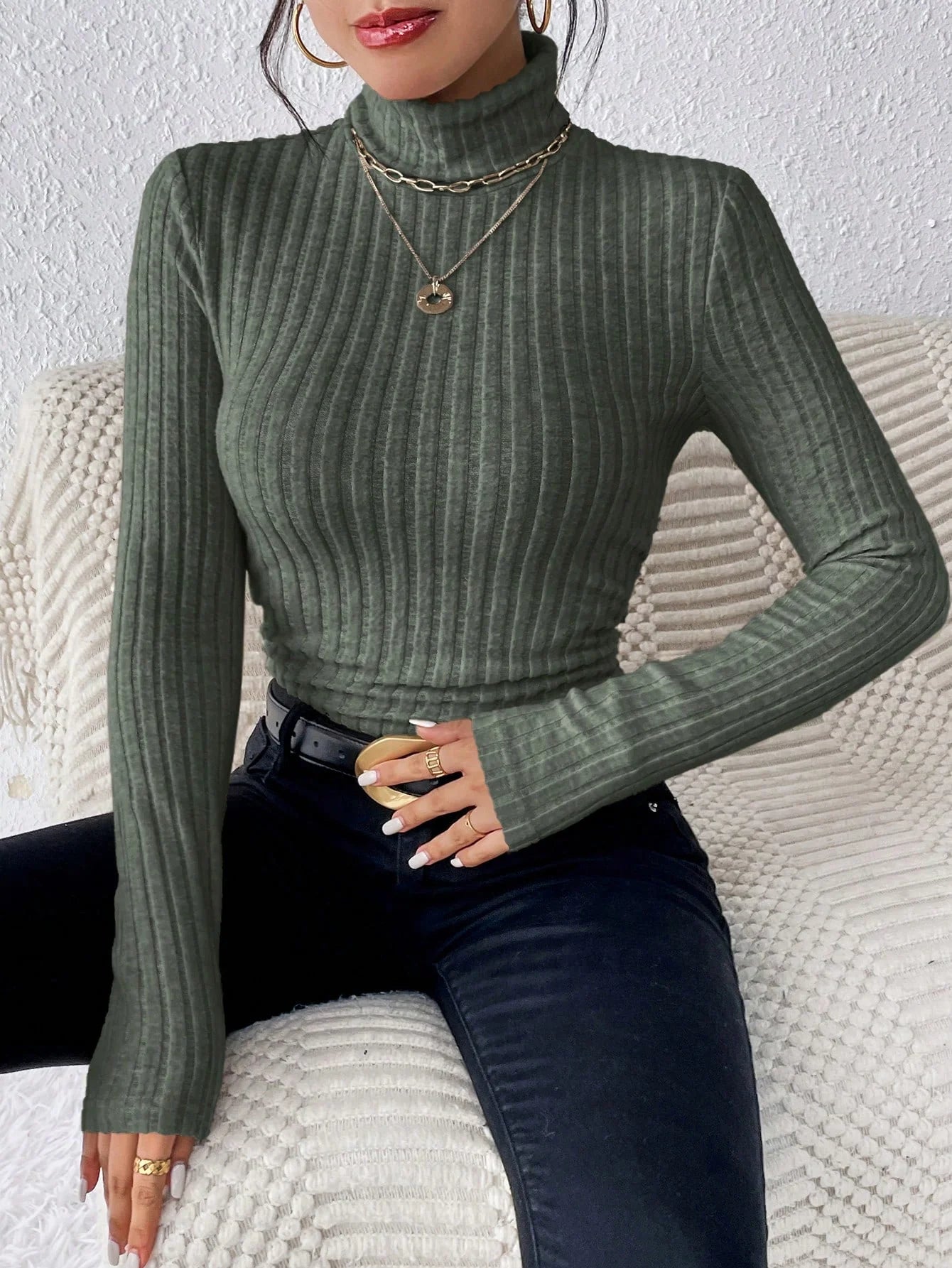Autumn and Winter Women's Casual Top - High Neck / Long Sleeve / Slim Knit