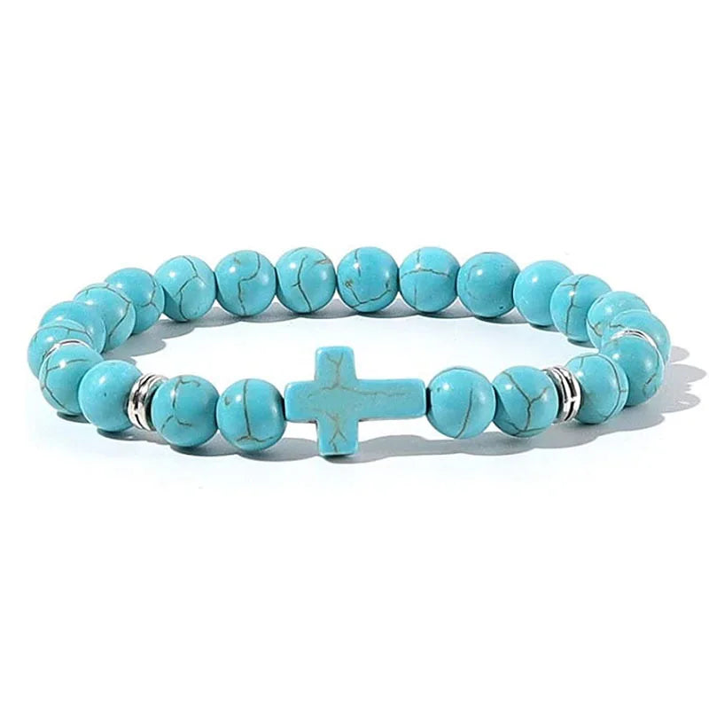 Cross Bracelets - Natural Stone Onyx / Hematite / Wood Beads