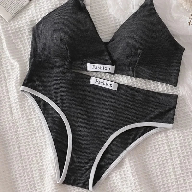 Sport 2pc Cotton Bralette - Vneck Brassiere Bra / Briefs Low Waist Panty