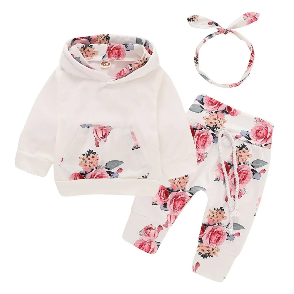 Infant/Toddler Girls 3pc-Set Flowers Print Hooded Long Sleeve Top / Pant / Bowknot Headband (Newborn - 18mo)