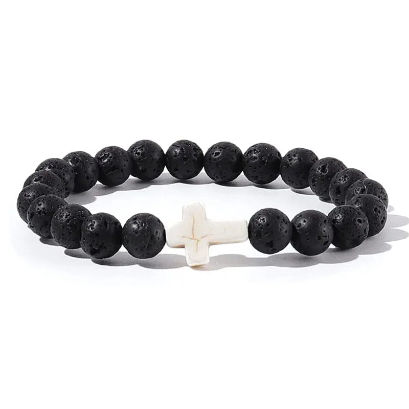 Cross Bracelets - Natural Stone Onyx / Hematite / Wood Beads