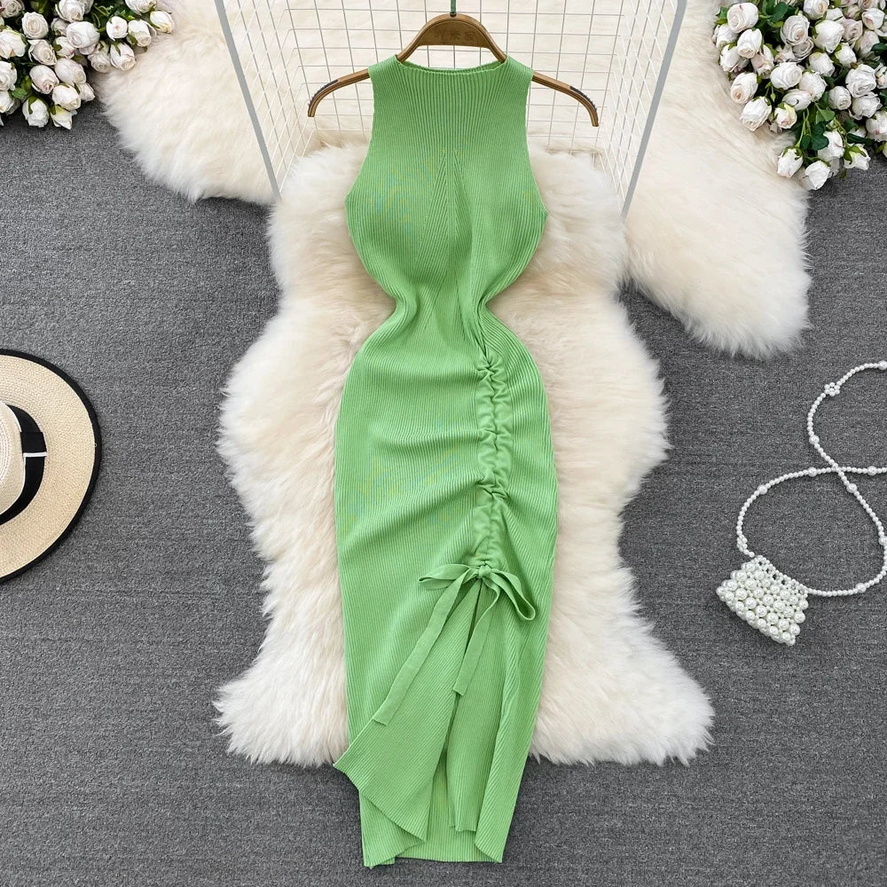 Chic Trendy Fashion Sleeveless Dress Leg Split/Bow Tie (3 colors available)