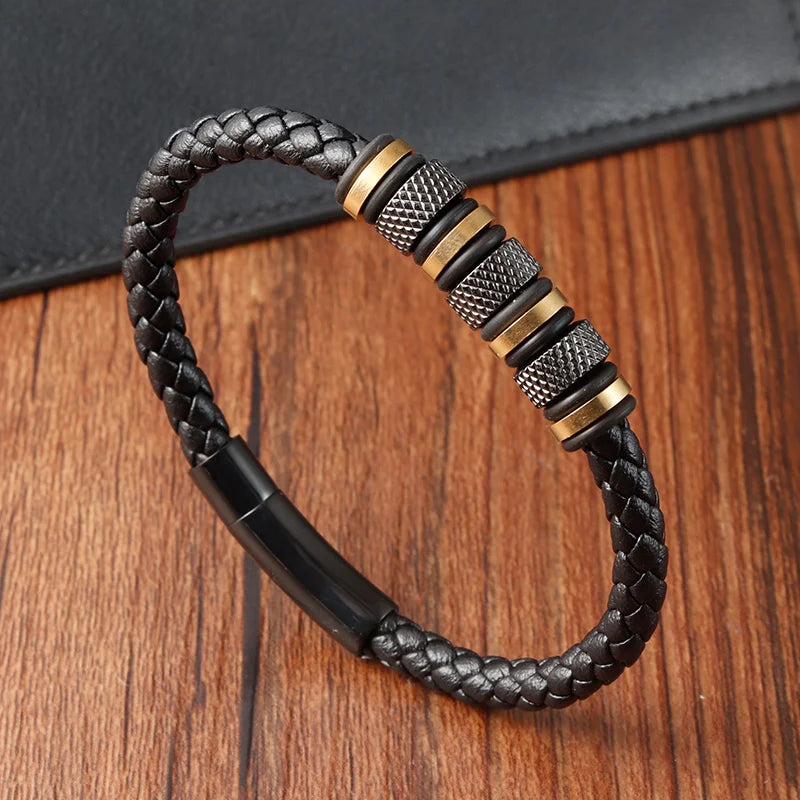 Braided Leather Bracelet - Stainless Steel - Black / Gold / Silver Elements