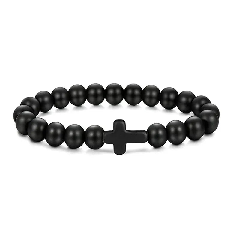 Cross Bracelets - Natural Stone Onyx / Hematite / Wood Beads