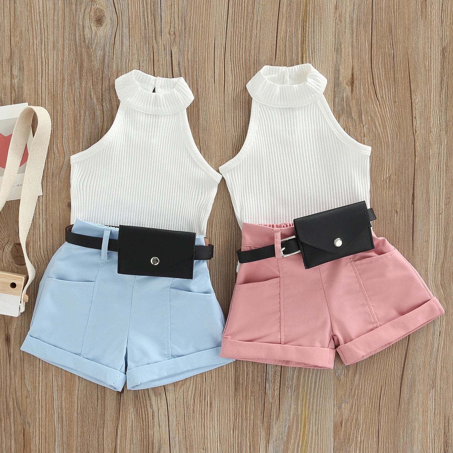 Toddler Girls Outfit Solid Color Ribbed Stand-Up Collar Top / Belted Shorts / Small Waist Pack 3pc-Set (9mo-4T)