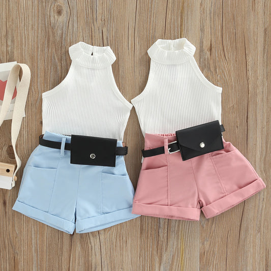 Toddler Girls Outfit Solid Color Ribbed Stand-Up Collar Top / Belted Shorts / Small Waist Pack 3pc-Set (9mo-4T)