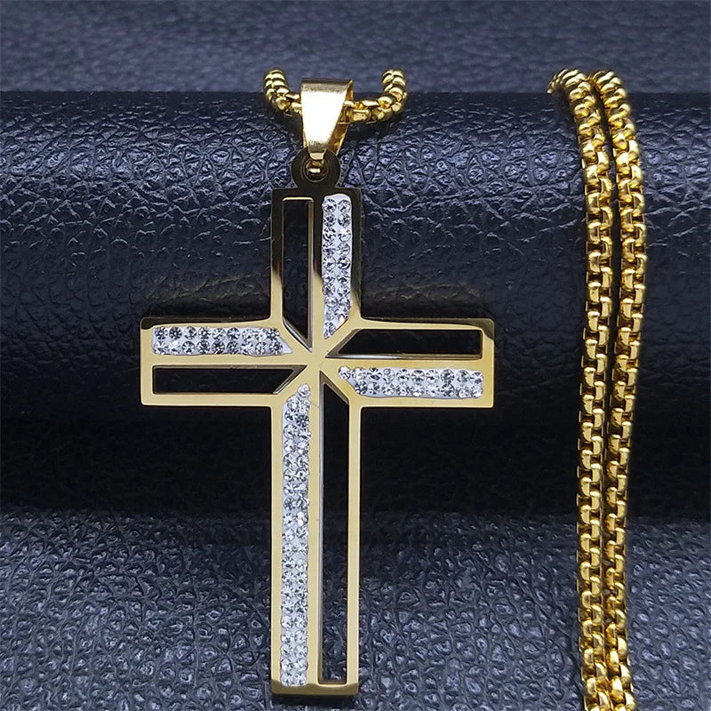 New Fashion Stainless Steel Necklace Diamond Cross Pendant
